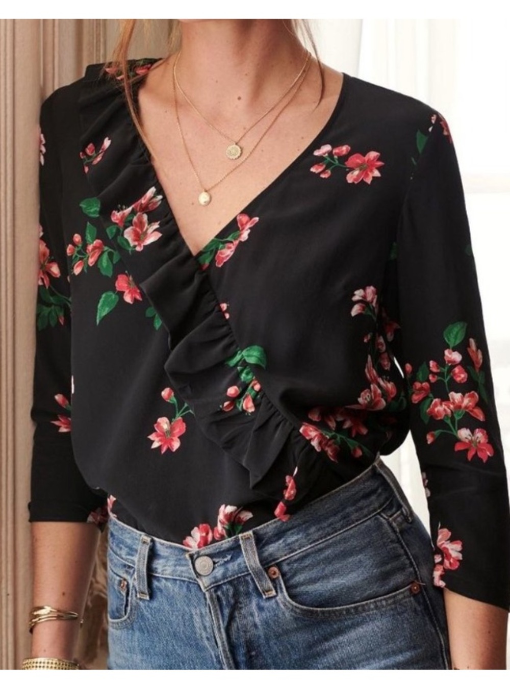 Sezane Silk Blouse Floral 3/4 Sleeves Size 6